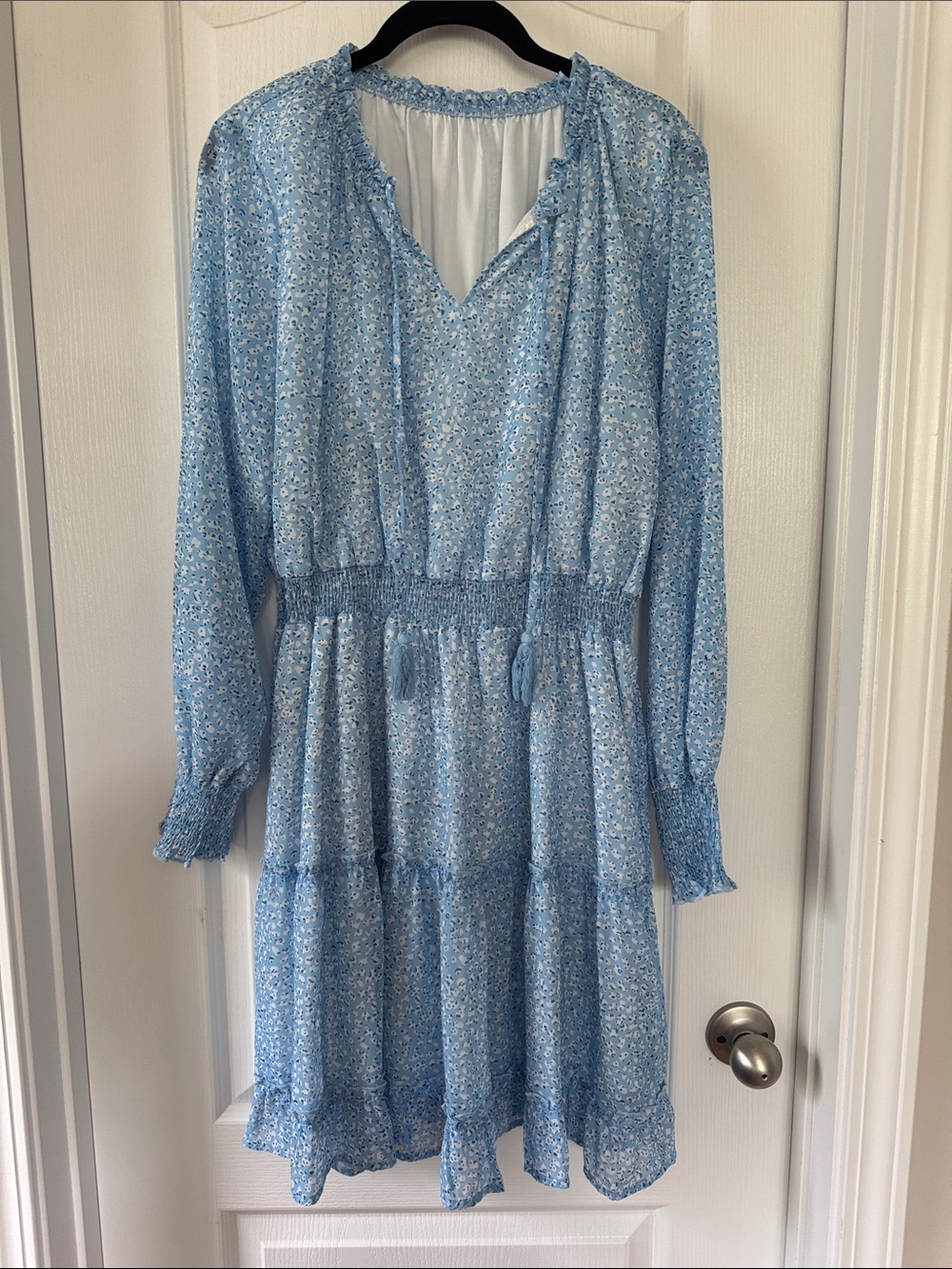 Light Blue Floral Long-Sleeve Tiered Dress